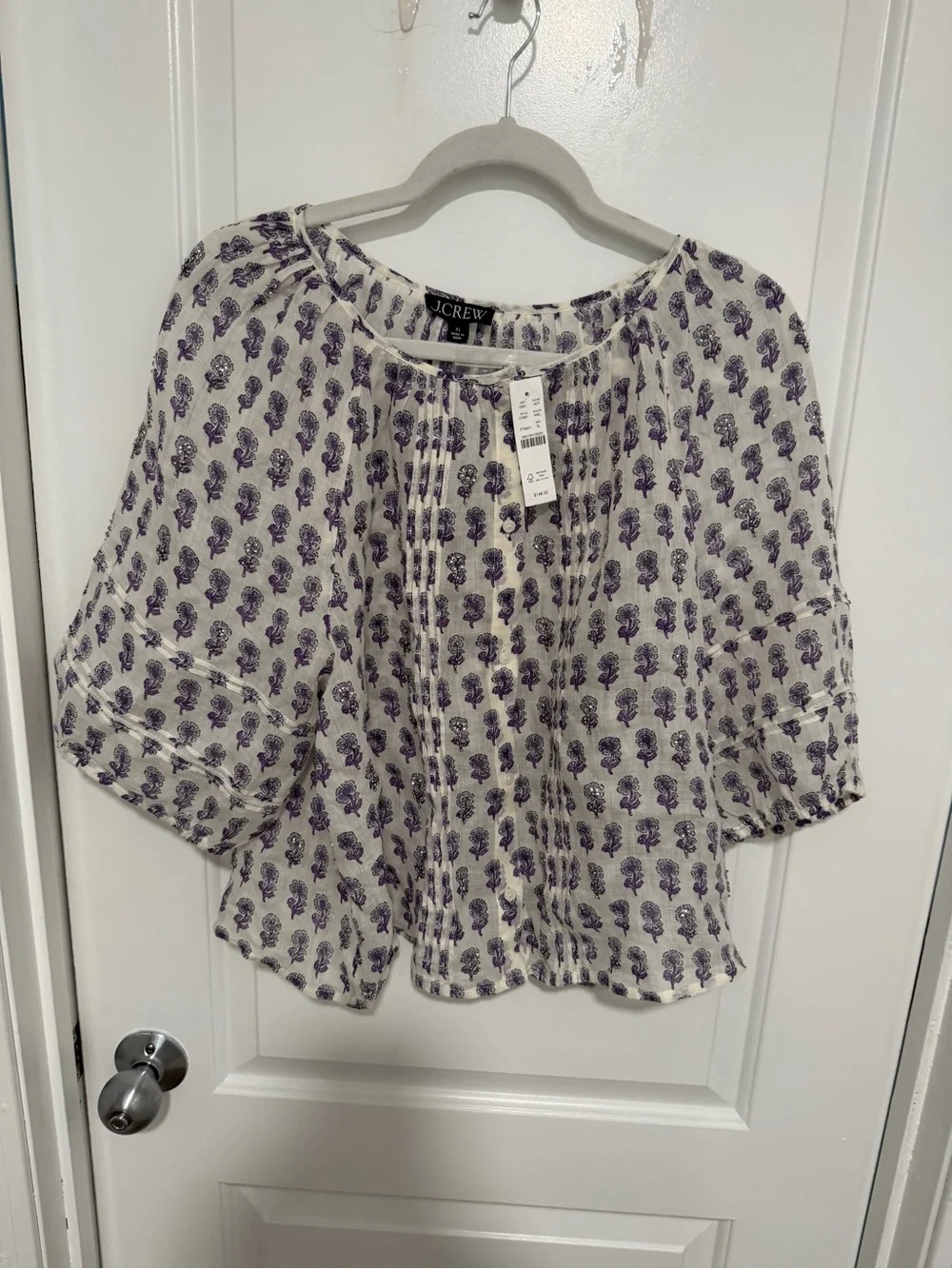 J. Crew Lilac and White Puff-Sleeve Printed Blouse
